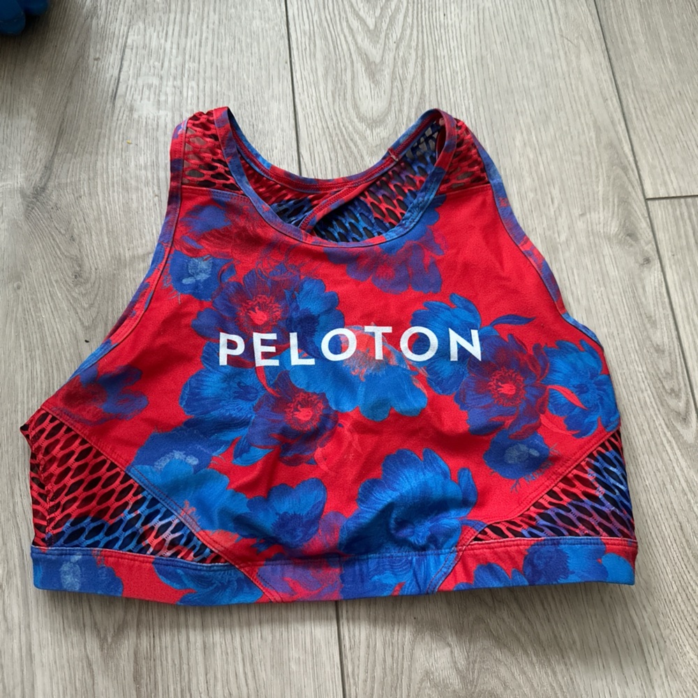 Peloton x Emma Lovewell Red and Blue Floral Sports Bra and leggings